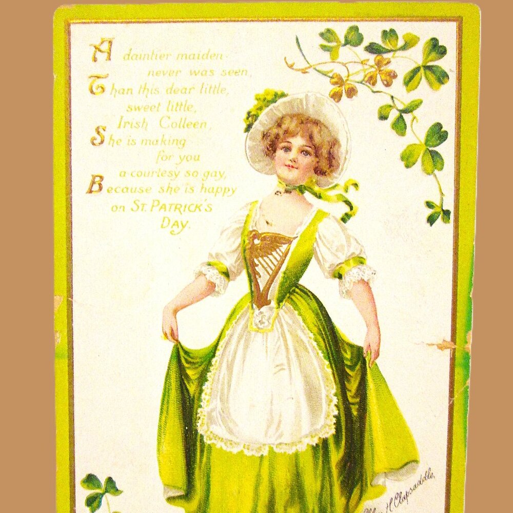 Antq St Patrick postcard in Green & white signed by Ellen H. Claps